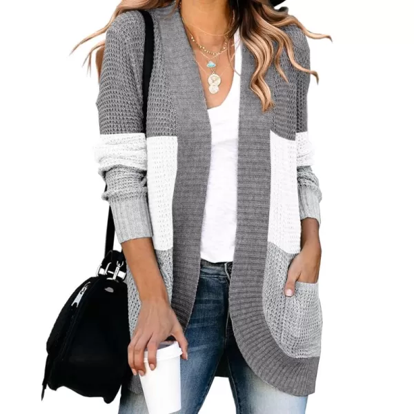 Saodimallsu Womens Loose Open Front Cardigan Long Sleeve Casual Lightweight Soft Knit Sweaters Coat with PocketsZ Colorblock Grey