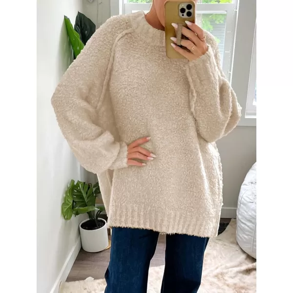 Saodimallsu Womens Oversized Sweater 2024 Fall Trendy Fuzzy Crew Neck Long Sleeve Casual Tunic SweatersApricot