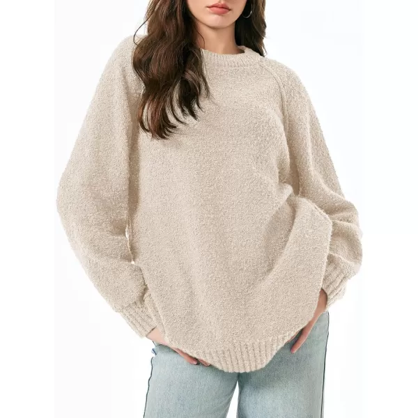 Saodimallsu Womens Oversized Sweater 2024 Fall Trendy Fuzzy Crew Neck Long Sleeve Casual Tunic SweatersBeige