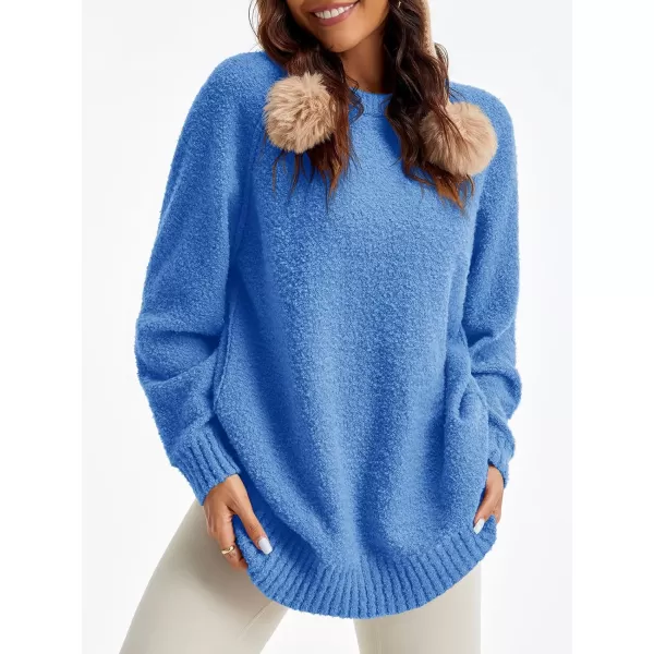 Saodimallsu Womens Oversized Sweater 2024 Fall Trendy Fuzzy Crew Neck Long Sleeve Casual Tunic SweatersBlue