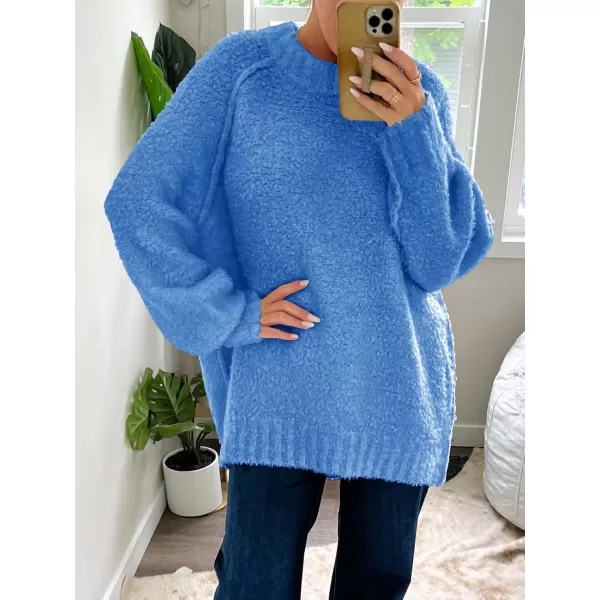 Saodimallsu Womens Oversized Sweater 2024 Fall Trendy Fuzzy Crew Neck Long Sleeve Casual Tunic SweatersBlue