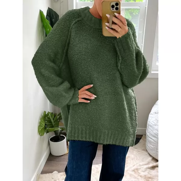 Saodimallsu Womens Oversized Sweater 2024 Fall Trendy Fuzzy Crew Neck Long Sleeve Casual Tunic SweatersGreen