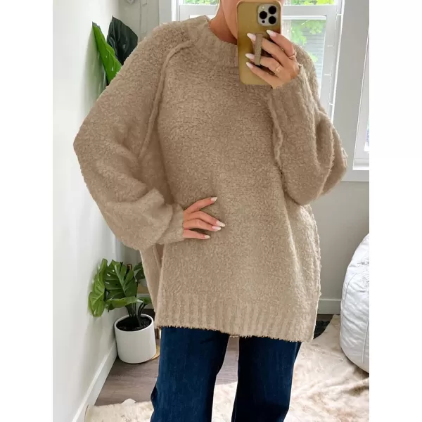 Saodimallsu Womens Oversized Sweater 2024 Fall Trendy Fuzzy Crew Neck Long Sleeve Casual Tunic SweatersKhaki