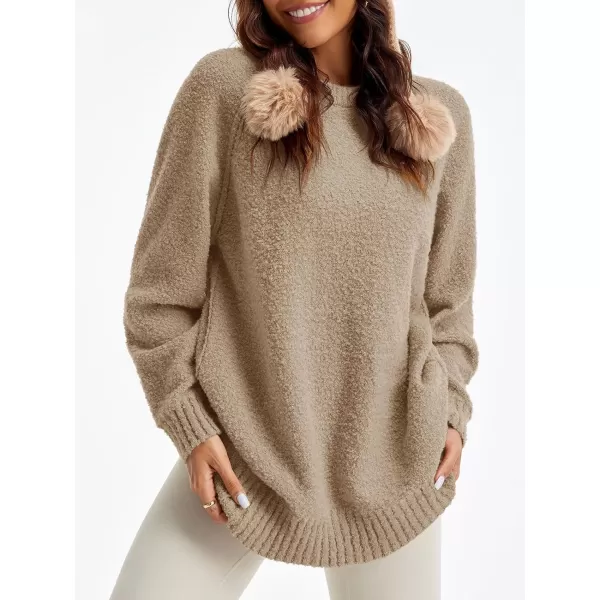 Saodimallsu Womens Oversized Sweater 2024 Fall Trendy Fuzzy Crew Neck Long Sleeve Casual Tunic SweatersKhaki