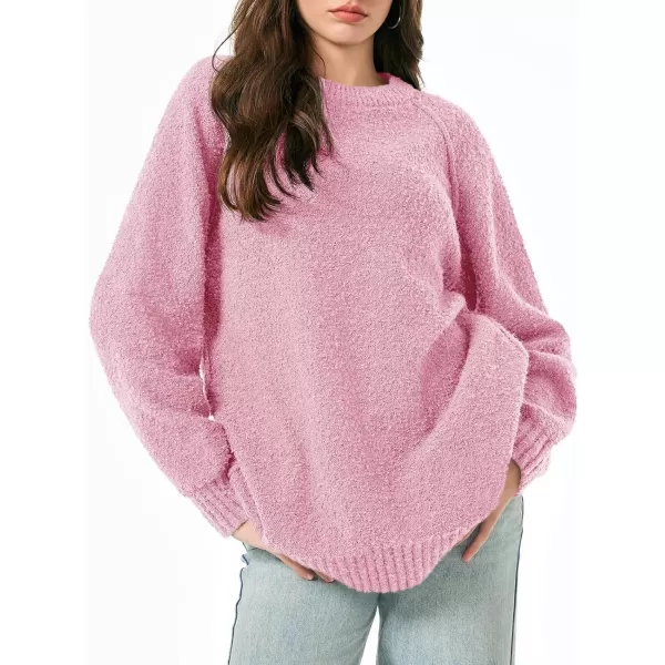 Saodimallsu Womens Oversized Sweater 2024 Fall Trendy Fuzzy Crew Neck Long Sleeve Casual Tunic SweatersPink