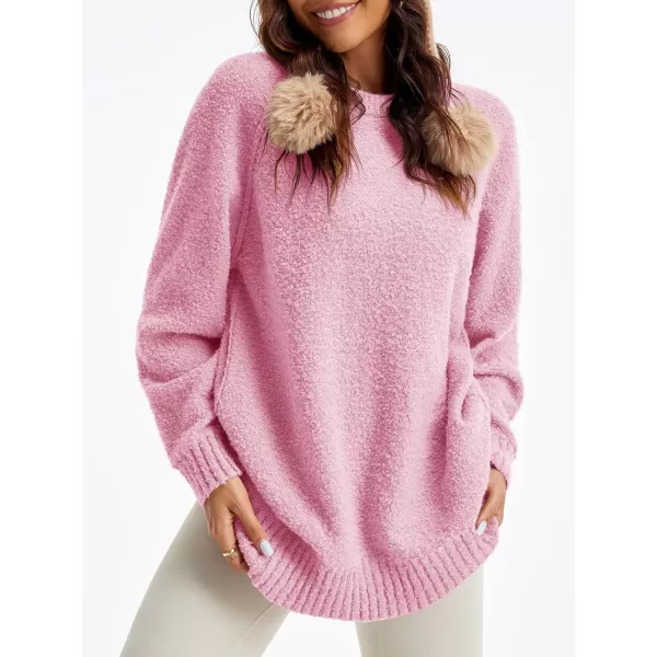 Saodimallsu Womens Oversized Sweater 2024 Fall Trendy Fuzzy Crew Neck Long Sleeve Casual Tunic SweatersPink