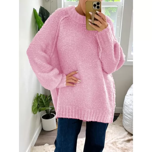 Saodimallsu Womens Oversized Sweater 2024 Fall Trendy Fuzzy Crew Neck Long Sleeve Casual Tunic SweatersPink