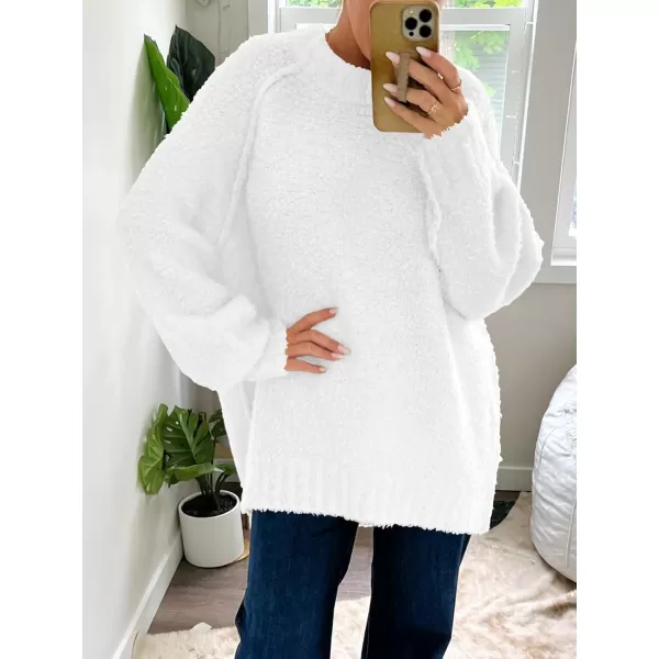 Saodimallsu Womens Oversized Sweater 2024 Fall Trendy Fuzzy Crew Neck Long Sleeve Casual Tunic SweatersWhite