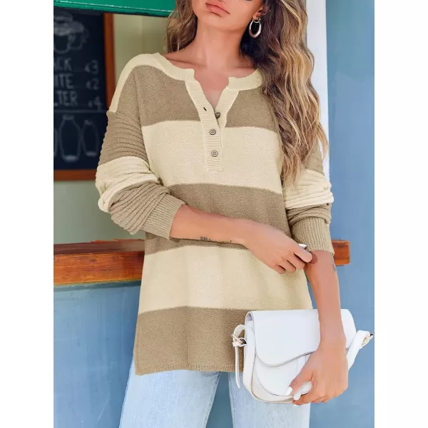 Saodimallsu Womens Striped Color Block Sweater 2024 Fall Long Sleeve Loose V Neck Button Henley Knit Pullover TopsBeige