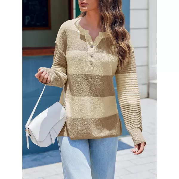 Saodimallsu Womens Striped Color Block Sweater 2024 Fall Long Sleeve Loose V Neck Button Henley Knit Pullover TopsBeige