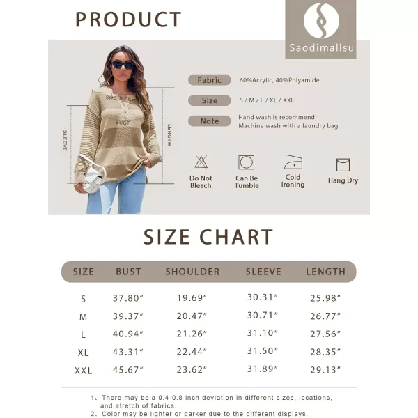 Saodimallsu Womens Striped Color Block Sweater 2024 Fall Long Sleeve Loose V Neck Button Henley Knit Pullover TopsBeige