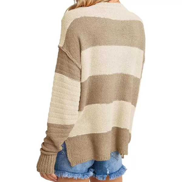 Saodimallsu Womens Striped Color Block Sweater 2024 Fall Long Sleeve Loose V Neck Button Henley Knit Pullover TopsBeige