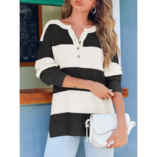 Saodimallsu Womens Striped Color Block Sweater 2024 Fall Long Sleeve Loose V Neck Button Henley Knit Pullover TopsBlack