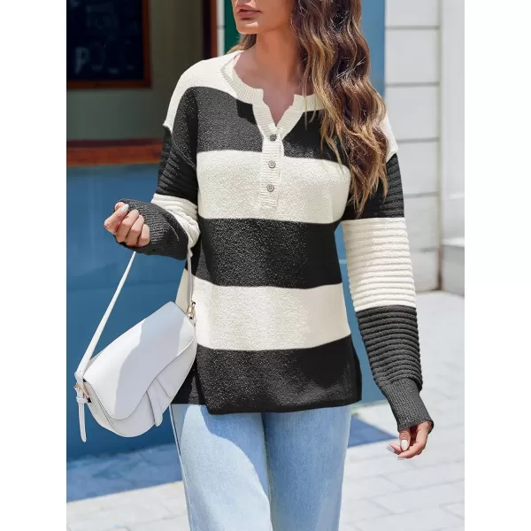 Saodimallsu Womens Striped Color Block Sweater 2024 Fall Long Sleeve Loose V Neck Button Henley Knit Pullover TopsBlack