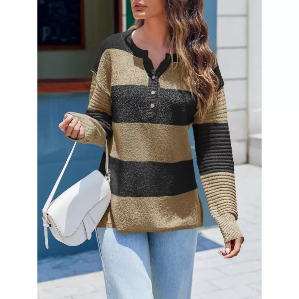 Saodimallsu Womens Striped Color Block Sweater 2024 Fall Long Sleeve Loose V Neck Button Henley Knit Pullover TopsBrown