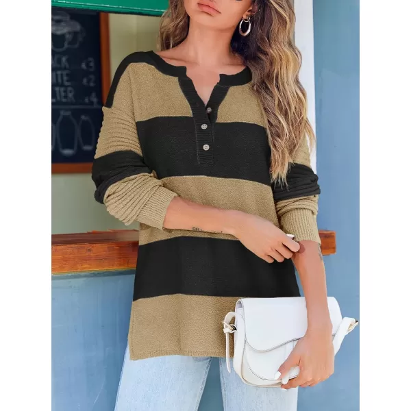 Saodimallsu Womens Striped Color Block Sweater 2024 Fall Long Sleeve Loose V Neck Button Henley Knit Pullover TopsBrown