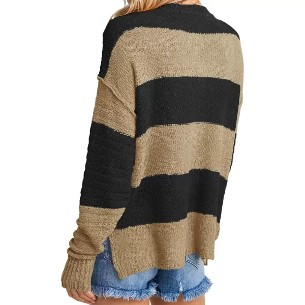 Saodimallsu Womens Striped Color Block Sweater 2024 Fall Long Sleeve Loose V Neck Button Henley Knit Pullover TopsBrown