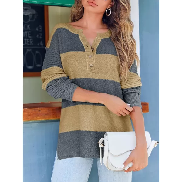 Saodimallsu Womens Striped Color Block Sweater 2024 Fall Long Sleeve Loose V Neck Button Henley Knit Pullover TopsGrey