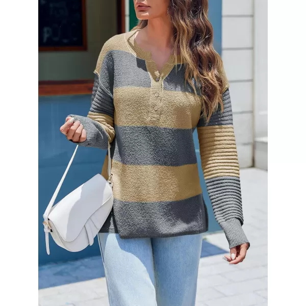 Saodimallsu Womens Striped Color Block Sweater 2024 Fall Long Sleeve Loose V Neck Button Henley Knit Pullover TopsGrey