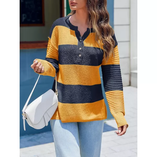 Saodimallsu Womens Striped Color Block Sweater 2024 Fall Long Sleeve Loose V Neck Button Henley Knit Pullover TopsOrange