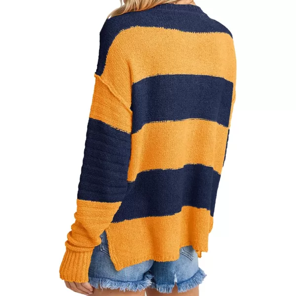 Saodimallsu Womens Striped Color Block Sweater 2024 Fall Long Sleeve Loose V Neck Button Henley Knit Pullover TopsOrange