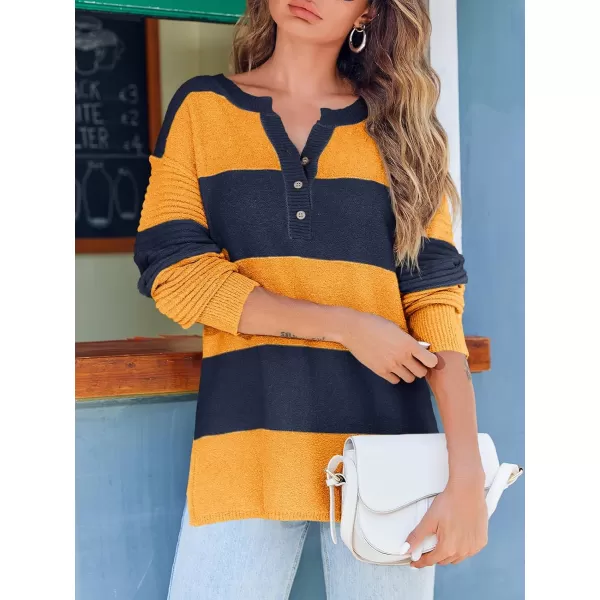 Saodimallsu Womens Striped Color Block Sweater 2024 Fall Long Sleeve Loose V Neck Button Henley Knit Pullover TopsOrange