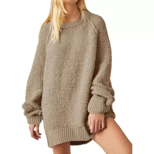 Saodimallsu Womens Oversized Sweater 2024 Fall Trendy Fuzzy Crew Neck Long Sleeve Casual Tunic SweatersKhaki