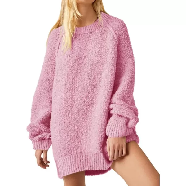 Saodimallsu Womens Oversized Sweater 2024 Fall Trendy Fuzzy Crew Neck Long Sleeve Casual Tunic SweatersPink