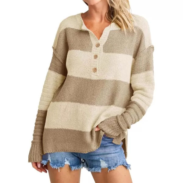 Saodimallsu Womens Striped Color Block Sweater 2024 Fall Long Sleeve Loose V Neck Button Henley Knit Pullover TopsBeige