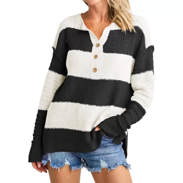 Saodimallsu Womens Striped Color Block Sweater 2024 Fall Long Sleeve Loose V Neck Button Henley Knit Pullover TopsBlack