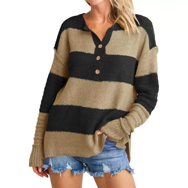 Saodimallsu Womens Striped Color Block Sweater 2024 Fall Long Sleeve Loose V Neck Button Henley Knit Pullover TopsBrown