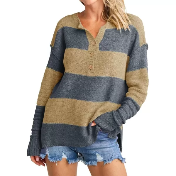 Saodimallsu Womens Striped Color Block Sweater 2024 Fall Long Sleeve Loose V Neck Button Henley Knit Pullover TopsGrey