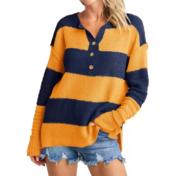 Saodimallsu Womens Striped Color Block Sweater 2024 Fall Long Sleeve Loose V Neck Button Henley Knit Pullover TopsOrange