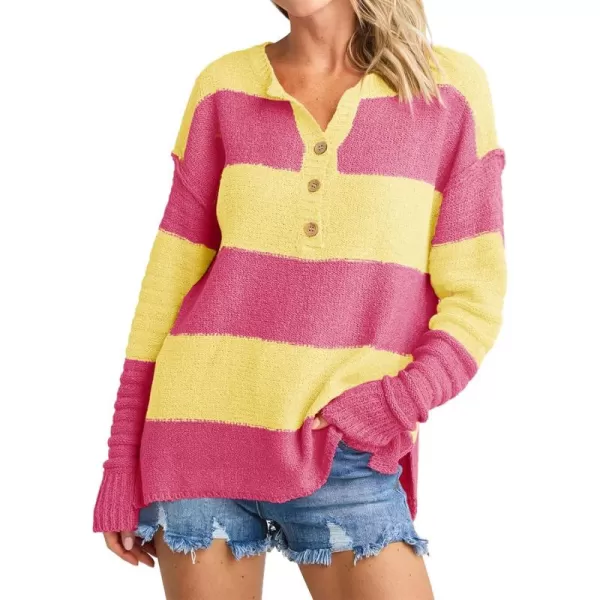 Saodimallsu Womens Striped Color Block Sweater 2024 Fall Long Sleeve Loose V Neck Button Henley Knit Pullover TopsPink