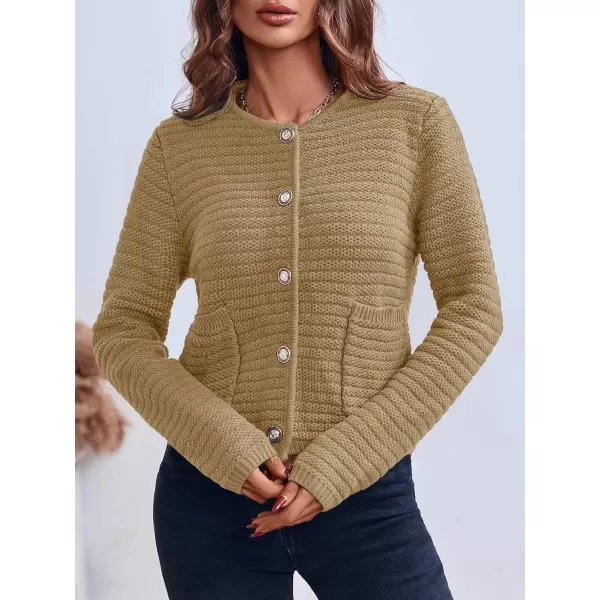 Saodimallsu Womens Cropped Cardigan Sweaters 2024 Fall Chunky Knit Open Front Button Down Long Sleeve Knitted JacketKhaki