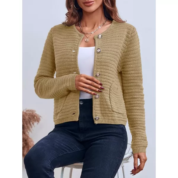 Saodimallsu Womens Cropped Cardigan Sweaters 2024 Fall Chunky Knit Open Front Button Down Long Sleeve Knitted JacketKhaki