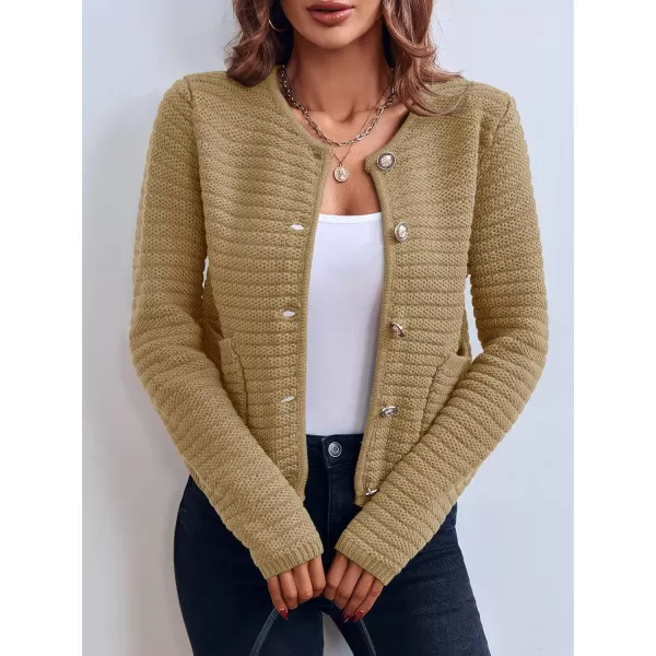 Saodimallsu Womens Cropped Cardigan Sweaters 2024 Fall Chunky Knit Open Front Button Down Long Sleeve Knitted JacketKhaki