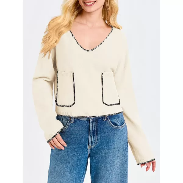 Saodimallsu Womens Cropped V Neck Sweater 2024 Fall Trendy Long Sleeve Loose Knit Pullover Crop Top SweatersBeige