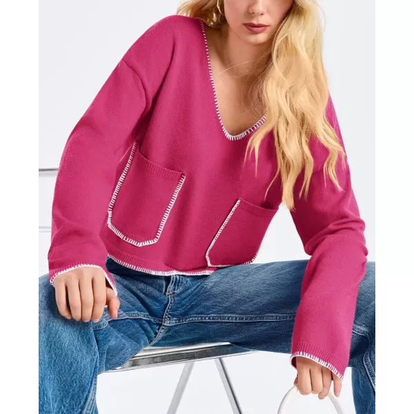 Saodimallsu Womens Cropped V Neck Sweater 2024 Fall Trendy Long Sleeve Loose Knit Pullover Crop Top SweatersHot Pink