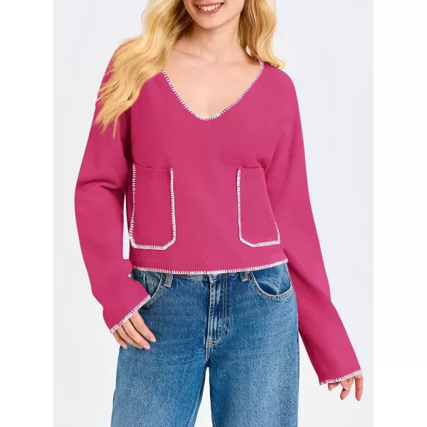 Saodimallsu Womens Cropped V Neck Sweater 2024 Fall Trendy Long Sleeve Loose Knit Pullover Crop Top SweatersHot Pink