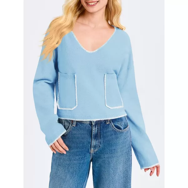 Saodimallsu Womens Cropped V Neck Sweater 2024 Fall Trendy Long Sleeve Loose Knit Pullover Crop Top SweatersLight Blue