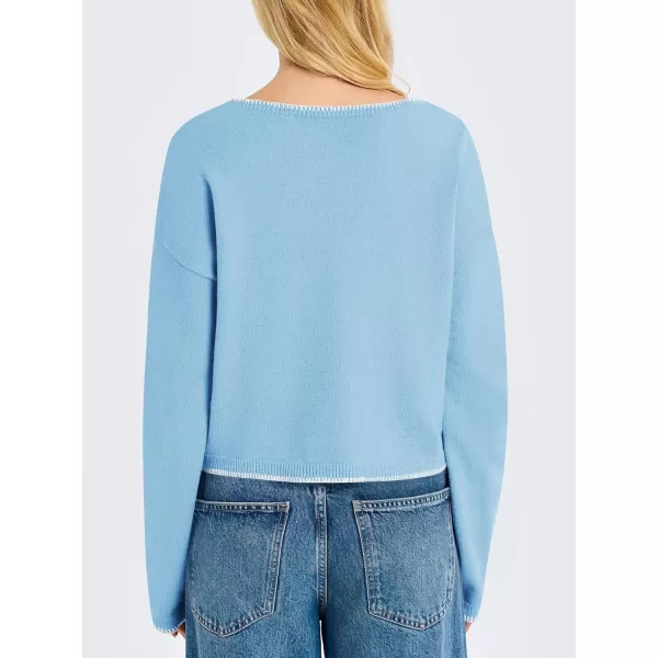 Saodimallsu Womens Cropped V Neck Sweater 2024 Fall Trendy Long Sleeve Loose Knit Pullover Crop Top SweatersLight Blue