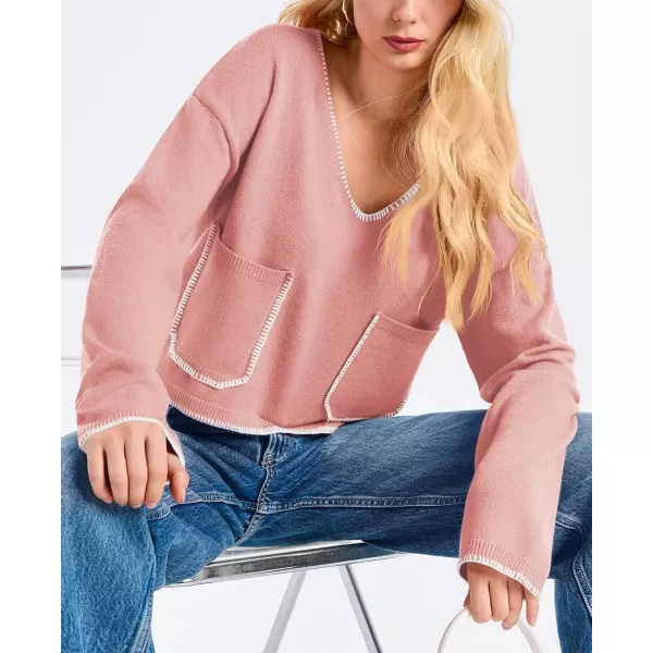 Saodimallsu Womens Cropped V Neck Sweater 2024 Fall Trendy Long Sleeve Loose Knit Pullover Crop Top SweatersLight Pink