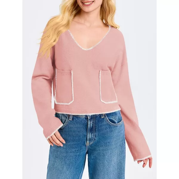 Saodimallsu Womens Cropped V Neck Sweater 2024 Fall Trendy Long Sleeve Loose Knit Pullover Crop Top SweatersLight Pink