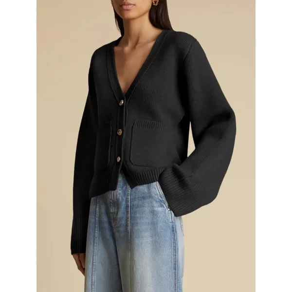 Saodimallsu Womens Deep V Neck Cardigan Sweaters Open Front Button Down Long Sleeve Cropped Knit Coats with PocketsBlack