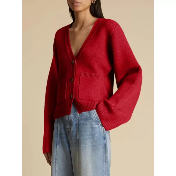 Saodimallsu Womens Deep V Neck Cardigan Sweaters Open Front Button Down Long Sleeve Cropped Knit Coats with PocketsRed