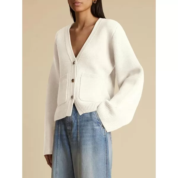 Saodimallsu Womens Deep V Neck Cardigan Sweaters Open Front Button Down Long Sleeve Cropped Knit Coats with PocketsWhite