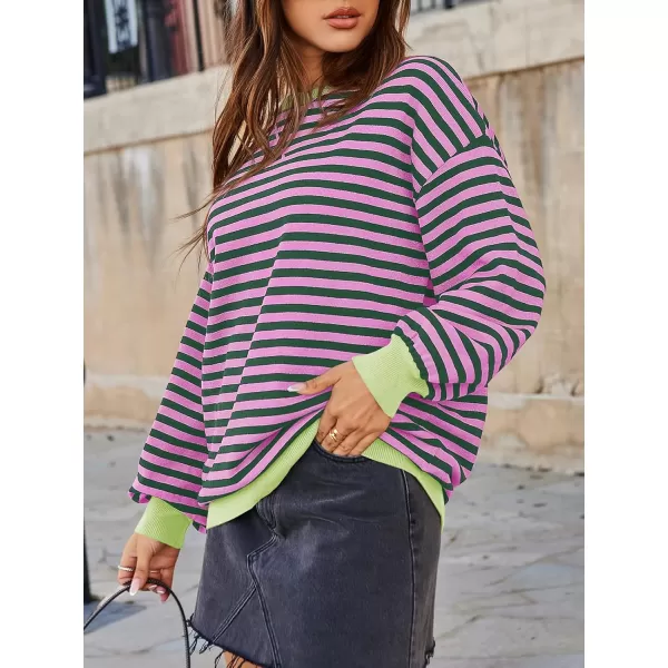 Saodimallsu Womens Striped Oversized Sweater Crewneck Long Sleeve Color Block Fall Sweaters Casual Soft Pullover SweatshirtPink