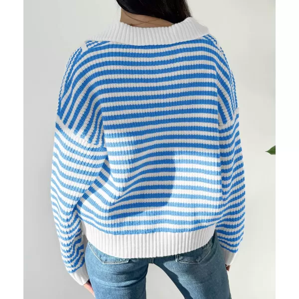 Saodimallsu Womens Striped Sweaters Quarter Zip V Neck Collared Long Sleeve Ribbed Knit Loose Pullover SweaterBlue