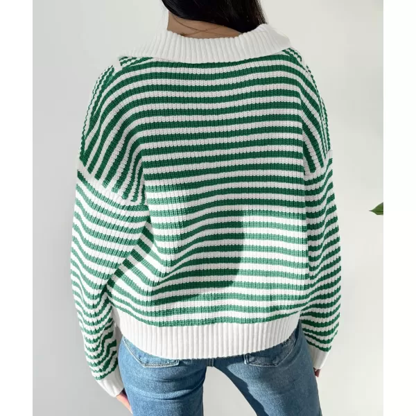 Saodimallsu Womens Striped Sweaters Quarter Zip V Neck Collared Long Sleeve Ribbed Knit Loose Pullover SweaterGreen